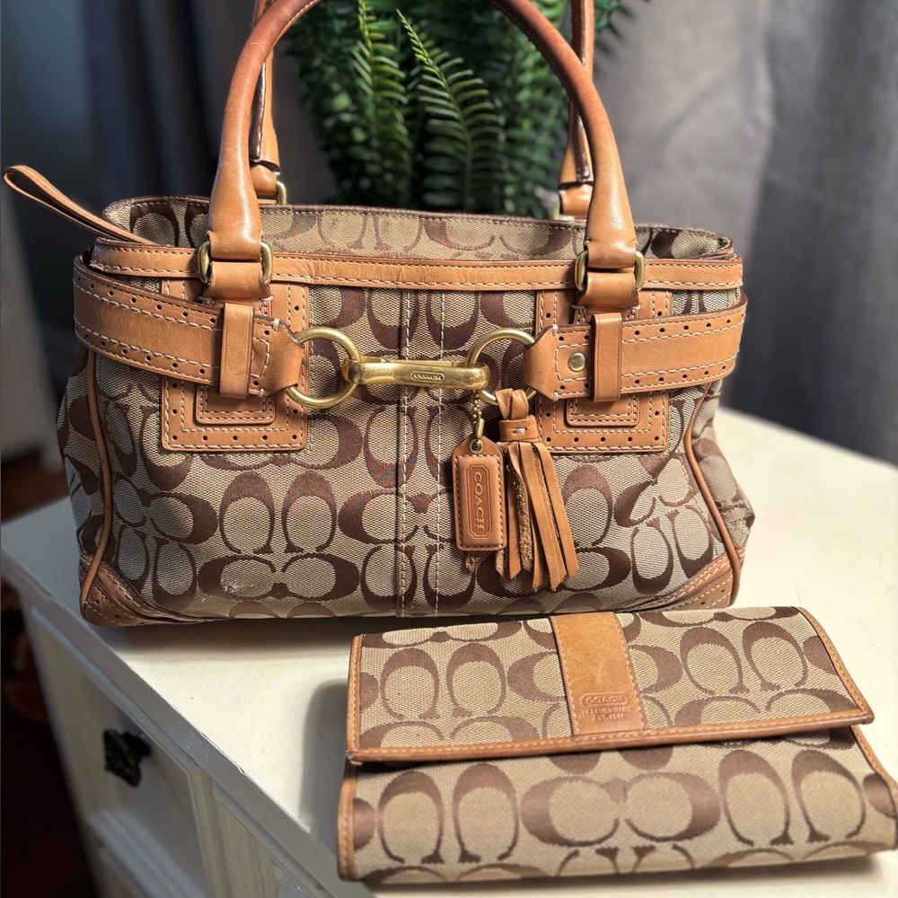 Coach Brown and Tan Satchel with Matching Coach Wallet